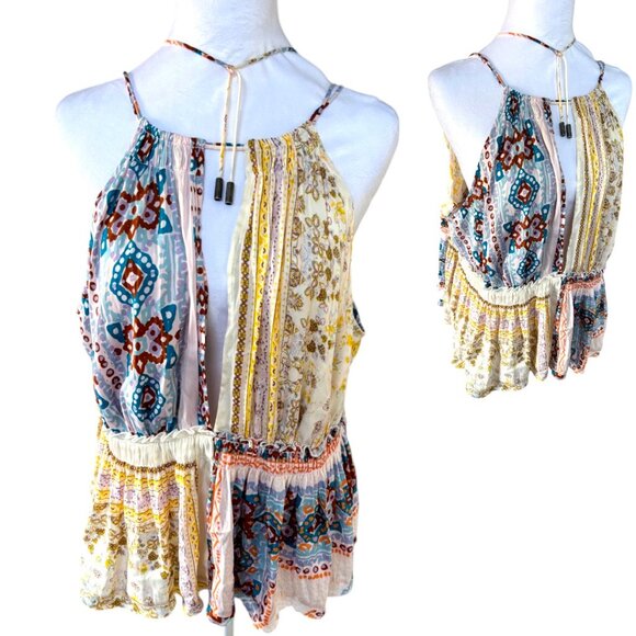 FREE PEOPLE PATCHWORK BOHO TIE CROP TANK BLOUSE XLARGE NWT - Picture 2 of 4